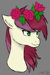 Size: 552x820 | Tagged: safe, artist:lefi32, derpibooru import, roseluck, earth pony, pony, bust, colored sketch, female, floral head wreath, flower, gray background, green eyes, leaves, mare, rose, signature, simple background, sketch, smiling, solo