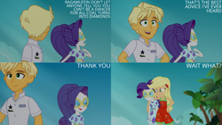Size: 1280x720 | Tagged: safe, derpibooru import, edit, edited screencap, editor:quoterific, screencap, applejack, ragamuffin (equestria girls), rarity, equestria girls, equestria girls series, spring breakdown, spoiler:eqg series (season 2), bare shoulders, eyes closed, female, geode of shielding, geode of super strength, magical geodes, male, open mouth, open smile, sleeveless, smiling, text, trio