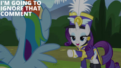 Size: 1280x720 | Tagged: safe, derpibooru import, edit, edited screencap, editor:quoterific, screencap, rainbow dash, rarity, pegasus, pony, unicorn, season 4, testing testing 1-2-3, ancient wonderbolts uniform, duo, female, frock coat, mare, open mouth, open smile, sgt. rarity, smiling, spread wings, text, wings