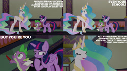 Size: 1280x720 | Tagged: safe, derpibooru import, edit, edited screencap, editor:quoterific, screencap, princess celestia, spike, twilight sparkle, twilight sparkle (alicorn), alicorn, dragon, pony, school daze, season 8, spoiler:s08, crown, eyes closed, female, jewelry, male, mare, open mouth, open smile, regalia, smiling, text, trio