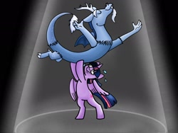 Size: 2048x1536 | Tagged: safe, artist:deidadsuperior, derpibooru import, discord, twilight sparkle, twilight sparkle (alicorn), alicorn, draconequus, pony, three's a crowd, bipedal, blue flu, duo, female, glass of water, graceful, holding up, male, scene interpretation, spotlight, sweat