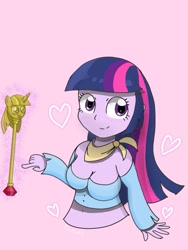 Size: 2165x2886 | Tagged: safe, artist:twiliset, derpibooru import, twilight sparkle, twilight sparkle (alicorn), alicorn, equestria girls, breasts, confident, heart, looking at you, magic, nudity, pink background, scepter, simple background, smiling, smiling at you, solo, twilight scepter