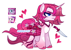 Size: 1280x889 | Tagged: safe, artist:mirrastat, derpibooru import, pinkie pie, princess cadance, oc, alicorn, earth pony, pony, unicorn, base used, dagger, eyelashes, female, frown, magical lesbian spawn, makeup, male, mare, offspring, parent:pinkie pie, parent:princess cadance, parents:cadancepie, pinkamena diane pie, saddle basket, simple background, stallion, transparent background, unshorn fetlocks, weapon