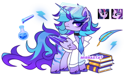 Size: 1280x776 | Tagged: safe, artist:mirrastat, derpibooru import, starlight glimmer, twilight sparkle, oc, alicorn, pony, alicorn oc, base used, book, clothes, erlenmeyer flask, eyelashes, female, flask, horn, lab coat, magic, magical lesbian spawn, makeup, male, mare, necktie, offspring, parent:starlight glimmer, parent:twilight sparkle, parents:twistarlight, simple background, stallion, telekinesis, transparent background, vial, wings