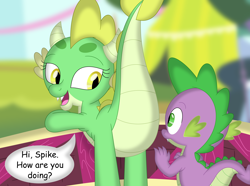 Size: 3510x2614 | Tagged: safe, artist:porygon2z, derpibooru import, spike, oc, oc:jade, dragon, butt, dragoness, duo, eyes on the prize, female, male