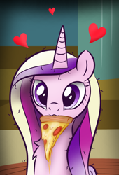 Size: 818x1200 | Tagged: safe, artist:pizzamovies, derpibooru import, princess cadance, alicorn, pony, canterlot wedding 10th anniversary, chest fluff, female, floating heart, food, heart, looking at you, meat, messy mane, mouth hold, peetzer, pepperoni, pepperoni pizza, pizza, solo, that pony sure does love pizza
