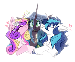 Size: 2888x2408 | Tagged: safe, artist:tizhonolulu, derpibooru import, princess cadance, queen chrysalis, shining armor, alicorn, changeling, pony, unicorn, canterlot wedding 10th anniversary, alternate design, blushing, chest fluff, coat markings, cute, eyeshadow, female, kiss on the cheek, kiss sandwich, kissing, makeup, male, mare, open mouth, shiningcadance, shipping, stallion, straight