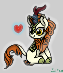 Size: 1200x1385 | Tagged: safe, artist:twiliset, derpibooru import, autumn blaze, kirin, heart, magic, sitting, smiling, solo