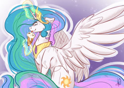 Size: 400x283 | Tagged: safe, artist:rumi-rs, derpibooru import, princess celestia, alicorn, pony, eyes closed, female, food, glowing, glowing horn, horn, ice cream, licking, magic, mare, sitting, smiling, solo, spread wings, telekinesis, tongue, tongue out, wings