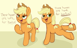 Size: 2634x1644 | Tagged: safe, artist:pony-thunder, derpibooru import, applejack, earth pony, pony, bucking, dialogue, female, high res, hooves, hooves debate, lidded eyes, looking back, mare, open mouth, open smile, raised hoof, raised leg, shadow, smiling, solo, standing, tail