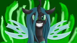 Size: 1920x1080 | Tagged: safe, artist:jbond, derpibooru import, queen chrysalis, changeling, canterlot wedding 10th anniversary, angry, grin, smiling, solo