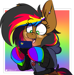 Size: 899x907 | Tagged: safe, artist:notetaker, derpibooru import, oc, oc only, oc:notetaker, earth pony, pony, semi-anthro, clothes, colorful, fishnet stockings, glasses, jacket, jewelry, necklace, nintendo ds, nonbinary, nonbinary pride flag, pentagram, piercing, pins, pride, pride flag, simple background, socks, solo, sticker, stylus