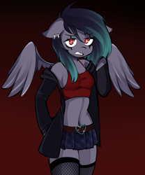 Size: 1638x1965 | Tagged: safe, artist:lucystormdrop, derpibooru exclusive, derpibooru import, oc, oc only, anthro, pegasus, arm hooves, bare shoulders, clothes, dyed mane, ear piercing, ears, female, fishnets, floppy ears, goth, gradient background, midriff, piercing, red eyes, skirt, socks, solo, tanktop, thigh highs