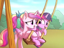 Size: 1024x768 | Tagged: safe, artist:golden bloom, derpibooru import, princess cadance, twilight sparkle, unicorn twilight, alicorn, pony, unicorn, a canterlot wedding, cute, cutedance, daaaaaaaaaaaw, duo, female, filly, filly twilight sparkle, foal, looking at each other, open mouth, open smile, playing, scene interpretation, screenshot redraw, smiling, smiling at each other, swing, teen princess cadance, teenager, twiabetes, weapons-grade cute, wholesome, young cadance, younger