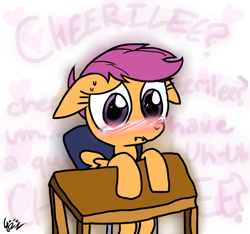 Size: 800x750 | Tagged: safe, artist:fkandfriends, derpibooru import, scootaloo, pegasus, pony, blushing, chair, crying, ears, female, filly, floppy ears, foal, heart, heart background, implied cheerilee, implied cheeriloo, love me cheerilee, mare, nervous, table, text, wings