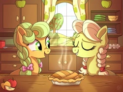 Size: 1024x768 | Tagged: safe, artist:golden bloom, derpibooru import, goldie delicious, granny smith, earth pony, pony, apple, braid, female, food, kitchen, pie, twin braids, window, young goldie delicious, young granny smith, younger