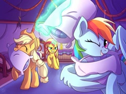 Size: 1024x768 | Tagged: safe, artist:golden bloom, derpibooru import, applejack, rainbow dash, sunset shimmer, earth pony, pegasus, pony, unicorn, cute, dashabetes, jackabetes, magic, pillow, pillow fight, ponified, scene interpretation, screenshot redraw, smiling, telekinesis