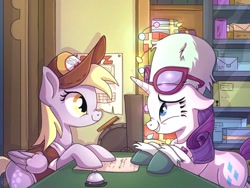 Size: 1024x768 | Tagged: safe, artist:golden bloom, derpibooru import, derpy hooves, rarity, pegasus, pony, unicorn, best gift ever, bell, cash register, duo, glasses, hat, post office, scene interpretation, screenshot redraw