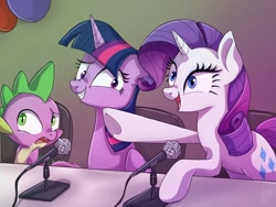 Size: 1024x768 | Tagged: safe, artist:golden bloom, derpibooru import, rarity, spike, twilight sparkle, twilight sparkle (alicorn), alicorn, dragon, pony, unicorn, everfree northwest, everfree northwest 2012, microphone