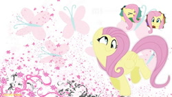 Size: 800x450 | Tagged: safe, artist:thebaffman, derpibooru import, fluttershy, butterfly, pegasus, pony, cutie mark, cutie mark background, derp, eyes closed, female, mare, puffy cheeks, smiling, wallpaper, wings, yay