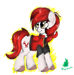 Size: 569x574 | Tagged: safe, artist:igorbanette, derpibooru import, oc, oc only, pony, clothes, jacket, red hair, simple background, solo, white background