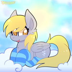 Size: 2000x2000 | Tagged: safe, artist:saveraedae, derpibooru import, derpy hooves, pegasus, pony, :p, clothes, cloud, cute, derpabetes, female, looking at you, mare, on a cloud, socks, solo, striped socks, tongue, tongue out
