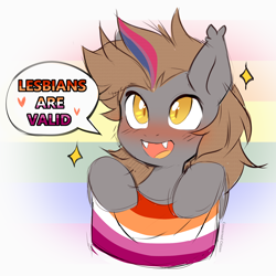 Size: 1880x1880 | Tagged: safe, artist:concerned citizen, derpibooru import, oc, oc only, oc:devin, bat pony, bisexual pride flag, bisexuality, blushing, cute, fangs, flag, gay pride, gay pride flag, gradient background, lesbian pride flag, pride, pride flag, revenge, signature, thegraybatpony, watermark