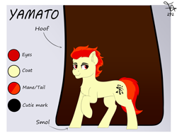 Size: 3773x2940 | Tagged: safe, artist:thunder arch, derpibooru import, edit, oc, oc:yamato, earth pony, chest fluff, ear fluff, ears, earth pony oc, full body, looking at you, male, micro, multicolored mane, multicolored tail, reference sheet, simple background, size comparison, smiling, tail, two toned mane, two toned tail