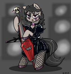 Size: 1000x1034 | Tagged: safe, artist:n-o-n, derpibooru import, octavia melody, earth pony, pony, bipedal, clothes, dress, fishnet stockings, latex, makeup, metal, musical instrument, piercing, solo