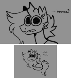 Size: 959x1052 | Tagged: safe, artist:rockin_candies, derpibooru import, oc, oc only, oc:red, changeling, 2 panel comic, comic, confused, dialogue, dilated pupils, fangs, grayscale, hooves debate, limbless, looking at you, male, monochrome, open mouth, solo