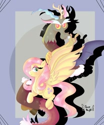 Size: 1080x1296 | Tagged: safe, artist:mapple_cake1, derpibooru import, discord, fluttershy, draconequus, pegasus, pony, abstract background, discoshy, duo, duo male and female, female, flying, hybrid wings, looking at you, male, mare, pretty, shadow, shipping, signature, spread wings, straight, wings