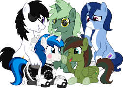 Size: 10000x7141 | Tagged: safe, artist:n0kkun, oc, oc only, oc:crystal glaze, oc:feathertrap, oc:gusty longbow evergreen, oc:iron reign, oc:soft mane, oc:windy barebow evergreen, earth pony, pegasus, pony, unicorn, ponybooru collab 2022, boop, commission, crossdressing, crucifix, cute, eyepatch, femboy, glasses, group shot, hoof over mouth, hoof wraps, maid, maid outfit, makeup, male, males only, rule 63, scrunchy face, simple background, sissy, smiling, stallion, stallions only, transparent background, vector