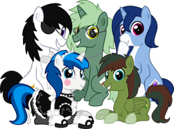 Size: 10000x7435 | Tagged: safe, alternate version, artist:n0kkun, oc, oc only, oc:crystal glaze, oc:feathertrap, oc:gusty longbow evergreen, oc:iron reign, oc:soft mane, oc:windy barebow evergreen, earth pony, pegasus, pony, unicorn, commission, crossdressing, crucifix, cute, eyepatch, femboy, glasses, group shot, hoof over mouth, hoof wraps, lying down, maid, maid outfit, makeup, male, males only, rule 63, simple background, sissy, sitting, smiling, stallion, stallions only, transparent background, vector