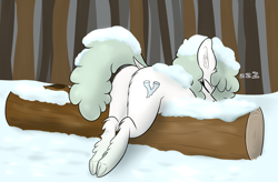 Size: 2874x1891 | Tagged: safe, artist:seafooddinner, derpibooru import, oc, oc only, oc:lichen, pony, butt, covered in snow, dock, ear fluff, ears, eyes closed, female, fluffy, log, mare, onomatopoeia, outdoors, plot, raised tail, rear view, sleeping, snow, snowpony (species), solo, sound effects, taiga pony, tail, underhoof, yakutian horse, zzz