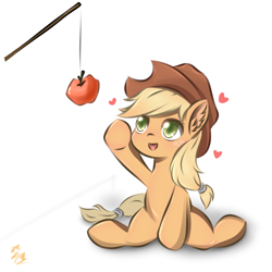 Size: 2000x2000 | Tagged: safe, artist:fanxingsama, derpibooru import, applejack, earth pony, pony, apple, cute, female, flexible, floating heart, food, heart, jackabetes, mare, pixiv, solo, splits, that pony sure does love apples