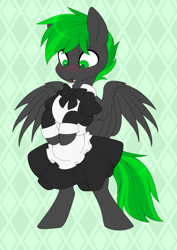 Size: 2019x2854 | Tagged: safe, artist:scarlet-spectrum, derpibooru import, oc, oc only, oc:bytewave, pegasus, pony, abstract background, bipedal, blushing, clothes, commission, crossdressing, dress, maid, male, pegasus oc, solo, spread wings, stallion, surprised, wings, ych result