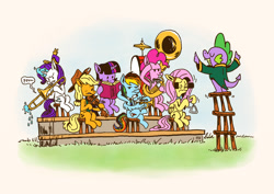 Size: 2662x1888 | Tagged: safe, artist:horsewizardart, derpibooru import, applejack, fluttershy, pinkie pie, rainbow dash, rarity, spike, twilight sparkle, dragon, earth pony, pegasus, pony, unicorn, band, blinders, book, bowtie, conductor, dexterous hooves, drums, eyes closed, female, fiddle, glowing, glowing horn, harmonica, hoof hold, horn, male, mane seven, mane six, mare, musical instrument, necktie, reading, stage fright, tack, triangle, trombone, trumpet, tuba, violin, wing hands, wings