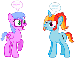 Size: 1222x953 | Tagged: safe, artist:pagiepoppie12345, derpibooru import, oc, oc only, oc:artie brush, pegasus, pony, unicorn, dialogue, female, glasses, looking at each other, looking at someone, mare, multicolored hair, paint, paintbrush, ponytail, rainbow hair, raised hoof, raised leg, shocked, simple background, speech bubble, text, transparent background, wings