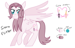 Size: 874x566 | Tagged: safe, artist:sirena-flitter, derpibooru import, oc, oc only, oc:sirena flitter, pegasus, pony, female, heart, looking at you, mare, paintbrush, pencil, reference sheet, simple background, solo, text, white background, wings