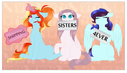 Size: 2023x1162 | Tagged: safe, artist:martiiee, derpibooru import, oc, oc only, oc:artie brush, oc:perry notes, oc:sirena flitter, pegasus, pony, unicorn, commission, ears, eyes closed, female, floppy ears, holding, horn, magic, mare, mouth hold, multicolored hair, one eye closed, open mouth, ponytail, rainbow hair, sign, sitting, smiling, text, wings, wink