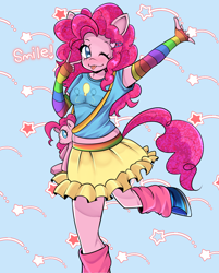 Size: 1862x2317 | Tagged: safe, artist:lucystormdrop, derpibooru exclusive, derpibooru import, pinkie pie, anthro, earth pony, blue background, clothes, colorful, cute, fashion, gloves, hoof shoes, leg warmers, long gloves, pink, pink mane, pink skin, rainbow, raised hoof, raised leg, shirt, simple background, skirt, solo, sparkles, stars, t-shirt