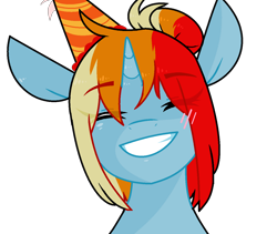 Size: 1268x1072 | Tagged: safe, artist:sirena-flitter, derpibooru import, oc, oc only, oc:artie brush, pony, unicorn, birthday, blushing, eyes closed, female, hat, horn, mare, multicolored hair, party hat, rainbow hair, simple background, smiling, transparent background