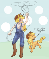 Size: 1623x1950 | Tagged: safe, artist:applephil, derpibooru import, applejack, earth pony, human, pony, boots, clothes, cowboy boots, cute, duo, eyes closed, female, human ponidox, humanized, jackabetes, lasso, mare, mouth hold, overalls, rope, self paradox, self ponidox, shoes, smiling