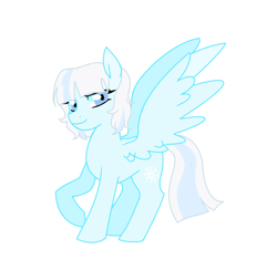 Size: 1352x1264 | Tagged: safe, artist:sirena-flitter, derpibooru import, oc, oc only, oc:snowflake, pegasus, pony, female, mare, offspring, parent:rainbow dash, parent:soarin', parents:soarindash, raised hoof, raised leg, simple background, smiling, spread wings, white background, wings