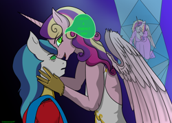 Size: 5000x3572 | Tagged: safe, artist:lullabyjak, derpibooru import, princess cadance, queen chrysalis, shining armor, alicorn, anthro, unicorn, canterlot wedding 10th anniversary, bride, clothes, dress, fake cadance, groom, jewelry, mind control, ring, trapped, wedding dress, wedding night, wedding ring