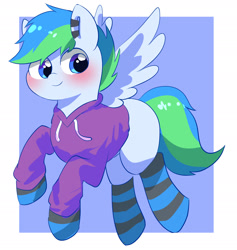 Size: 2507x2646 | Tagged: safe, artist:leo19969525, derpibooru import, oc, oc only, pegasus, pony, blue eyes, blushing, clothes, flying, hair, male, pegasus oc, simple background, smiling, socks, solo, spread wings, striped socks, tail, wings