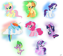 Size: 4072x3600 | Tagged: safe, artist:sirena-flitter, derpibooru import, applejack, fluttershy, pinkie pie, rainbow dash, rarity, spike, starlight glimmer, twilight sparkle, twilight sparkle (alicorn), alicorn, bird, dragon, earth pony, pegasus, pony, unicorn, applejack's hat, book, clothes, cloud, cowboy hat, female, hat, horn, lasso, magic, male, mane eight, mare, raised hoof, raised leg, reading, rope, scroll, sleeping, smiling, tongue, tongue out, wings