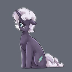 Size: 768x768 | Tagged: safe, artist:smirk, derpibooru import, oc, oc only, oc:lullaby, unicorn, ears, floppy ears, freckles, full body, gray background, horn, lidded eyes, simple background, sitting, solo, unicorn oc