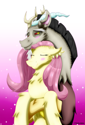 Size: 2221x3251 | Tagged: safe, artist:thebenalpha, derpibooru import, discord, fluttershy, draconequus, pegasus, pony, blushing, chest fluff, discoshy, duo, duo male and female, ear fluff, ears, eyes closed, female, floppy ears, fluffy, folded wings, gradient background, high res, holding a pony, hug, male, mare, shipping, smiling, straight, wings