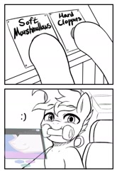 Size: 1200x1816 | Tagged: safe, artist:maren, derpibooru import, oc, oc:blue chewings, earth pony, pony, 2 panel comic, chew toy, comic, female, grayscale, hooves debate, mare, meme, monochrome, mouth hold, ponified, ponified meme, sketch, solo